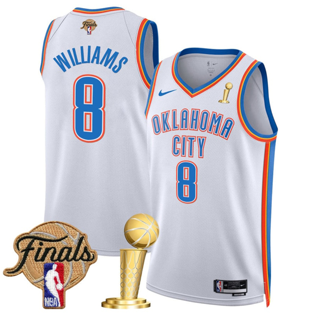 Men's White Oklahoma City Thunder #8 Jalen Williams 2025 Finals Patch And Finals Champions Patch Association Edition Stitched Basketball Jersey